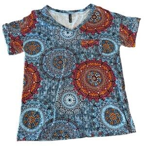 Top Blouse Womens Sz L Blue Orange Red Mandala V-Neck Stretch Tunic‎ Petal